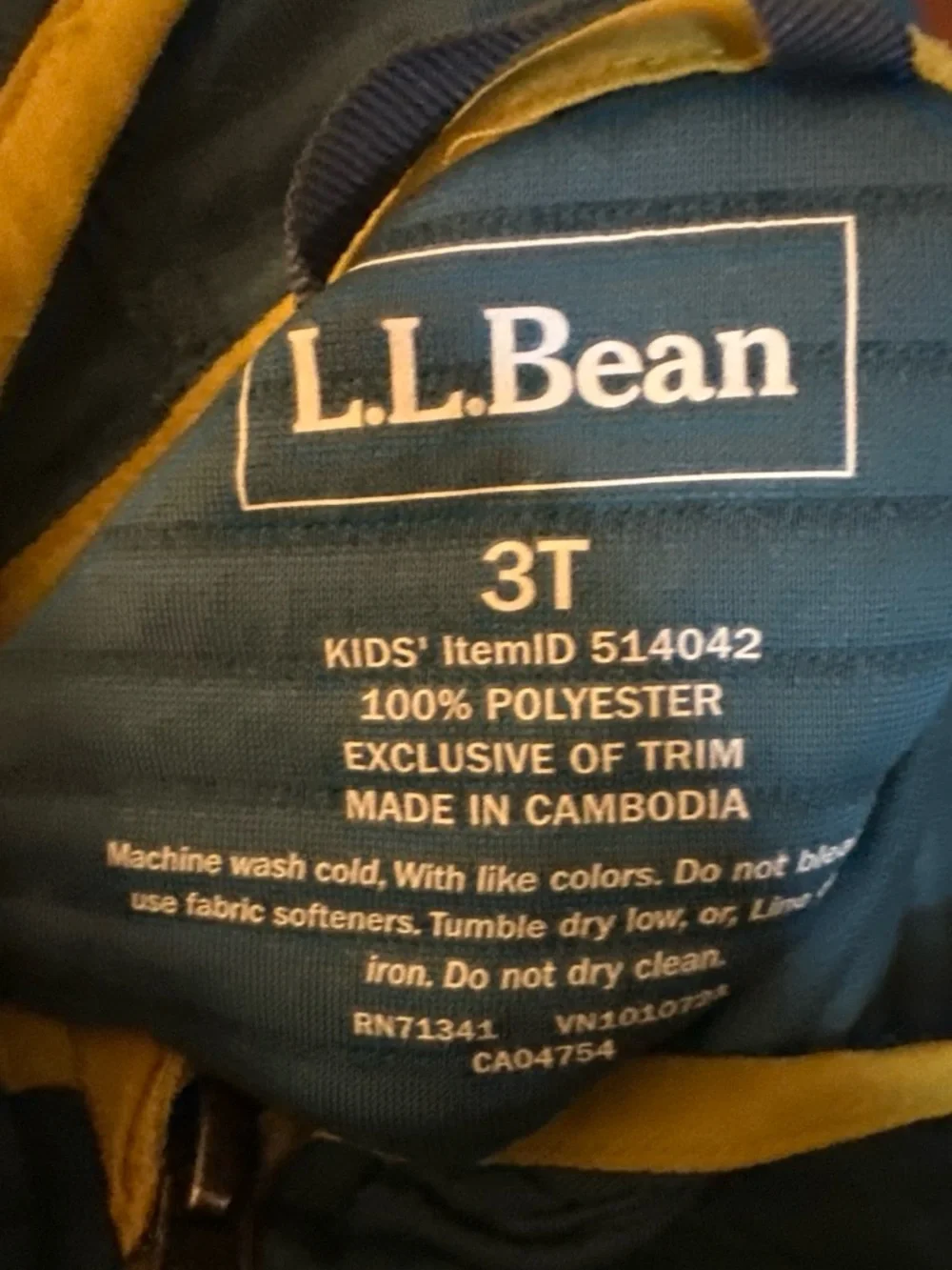 L.L. Bean Kids Teal and Green Hooded Quilted Jacket with Yellow Trim